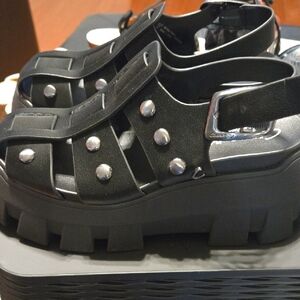 Black Platform Sandals with Silver Accents